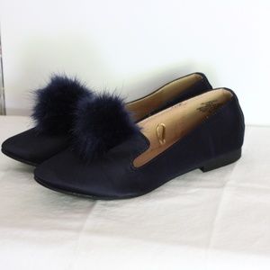 New Navy Blue Satin Slipper Flats with Pom Poms